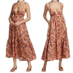 A.L.C 100% Linen Flowy Tiered Feminine Floral Rhodes Sunflower Midi Dress Sz 12
